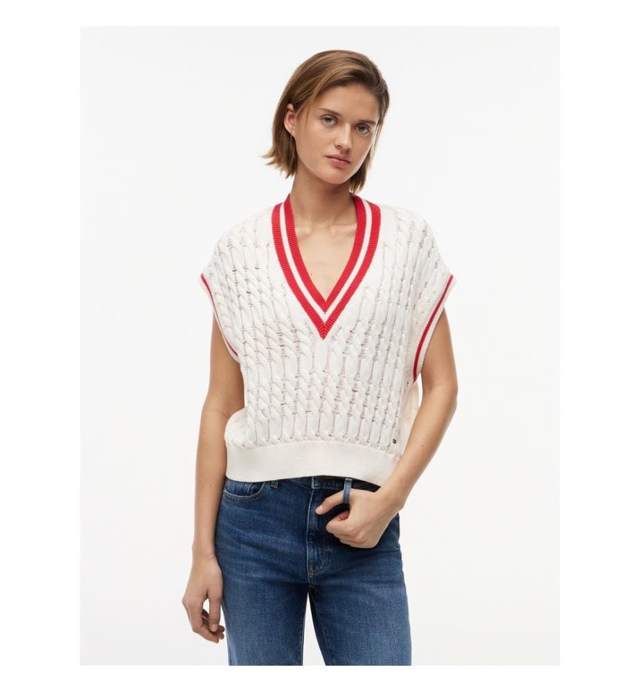 Pullover-Weste aus Kabelstrick mit V-Ausschnitt Oversize - Weiss