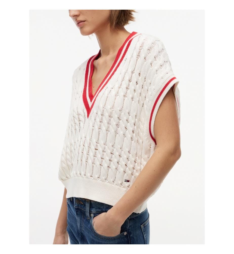 Pullover-Weste aus Kabelstrick mit V-Ausschnitt Oversize - Weiss