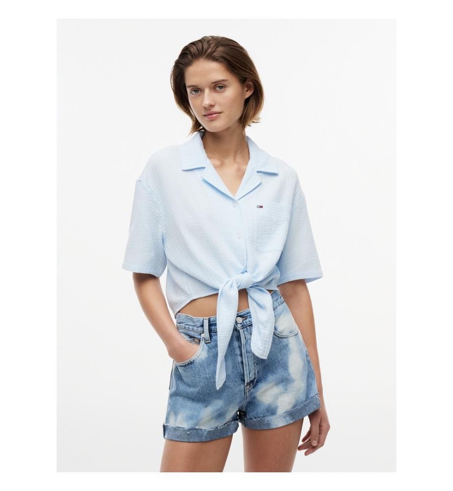 Chemise à manches courtes crinkle avec noeud à l'avant - Bleu
