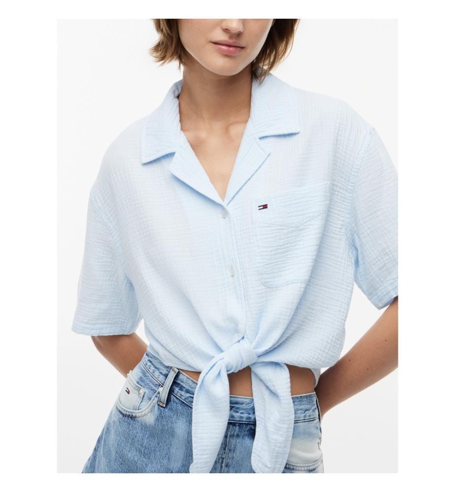 Chemise à manches courtes crinkle avec noeud à l'avant - Bleu