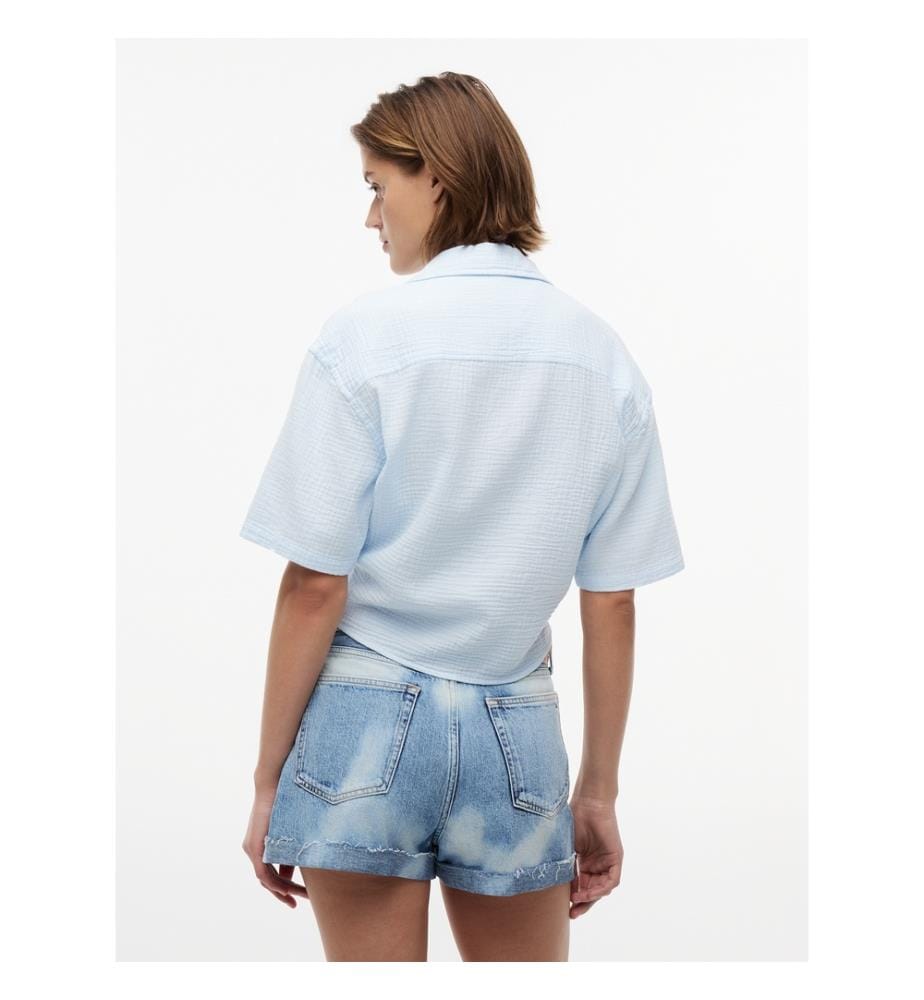 Chemise à manches courtes crinkle avec noeud à l'avant - Bleu