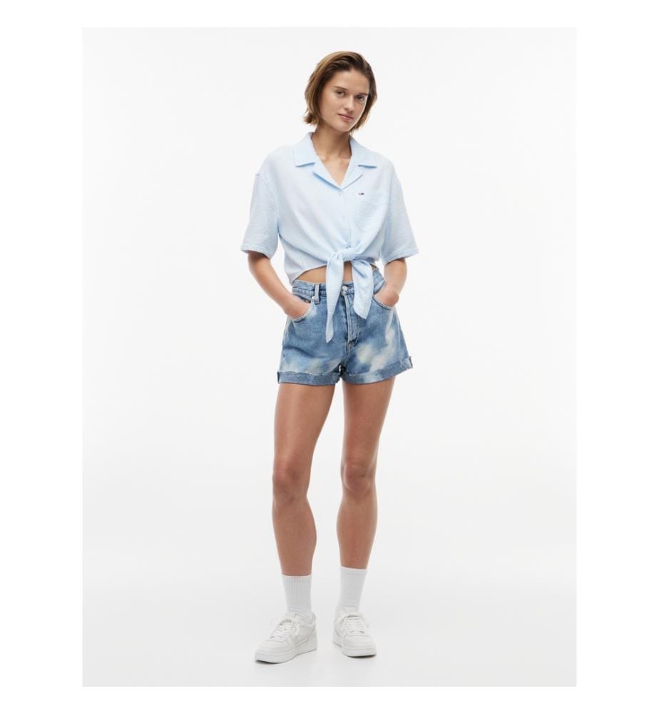 Chemise à manches courtes crinkle avec noeud à l'avant - Bleu