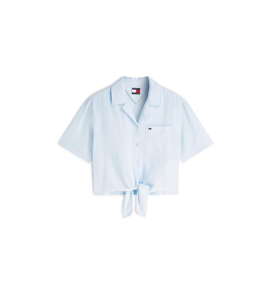 Chemise à manches courtes crinkle avec noeud à l'avant - Bleu