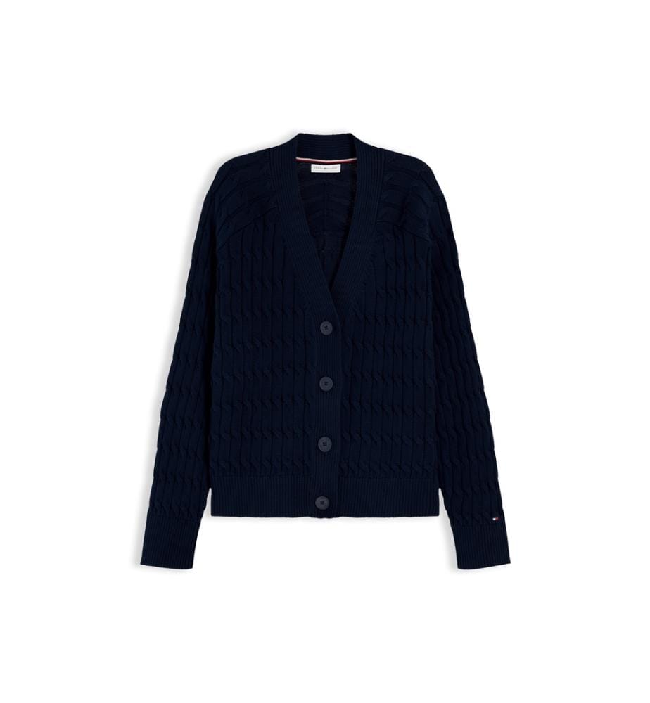 Oversize-Strickjacke mit V-Ausschnitt und Zopfmuster – Dunkelblau