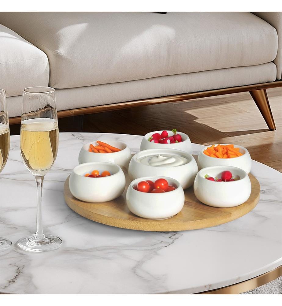 Set aus 7 Keramik-Apéroschalen mit Bambusplatte Drehbar Tapas