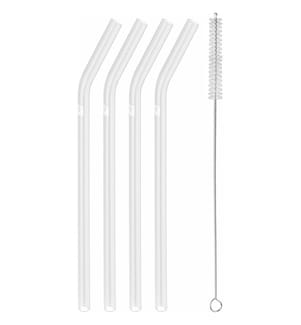 Glasstrohhalme Transp. gebogenes Set von 4, 23 cm Ø9Mm + Bürste - Weiss und Transparent