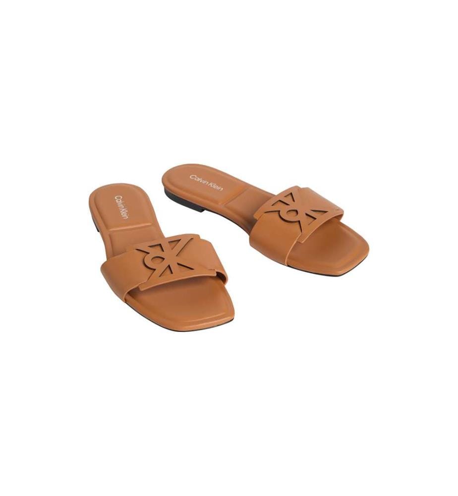 Flache Sandalen mit quadratischer Spitze aus Leder - cashew