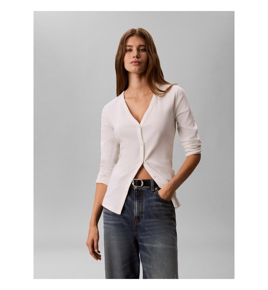 Langärmelige Strickjacke aus Rippstrick – Weiss