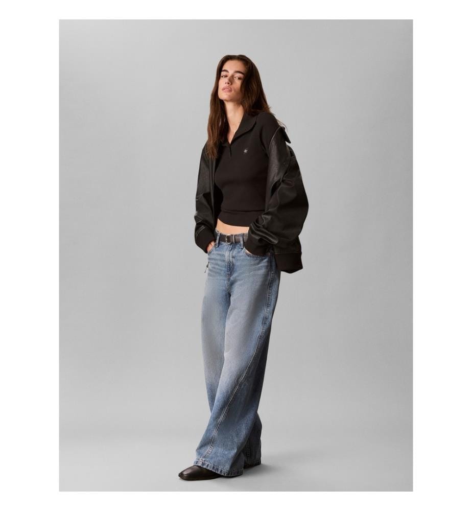 Langärmliges Henley-Shirt mit Stehkragen – Schwarz