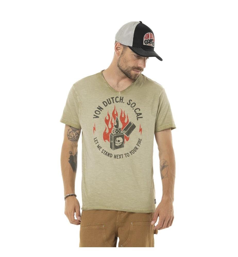 T-Shirt mit V-Ausschnitt – Khaki / Rot