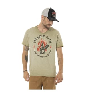 T-Shirt mit V-Ausschnitt – Khaki / Rot