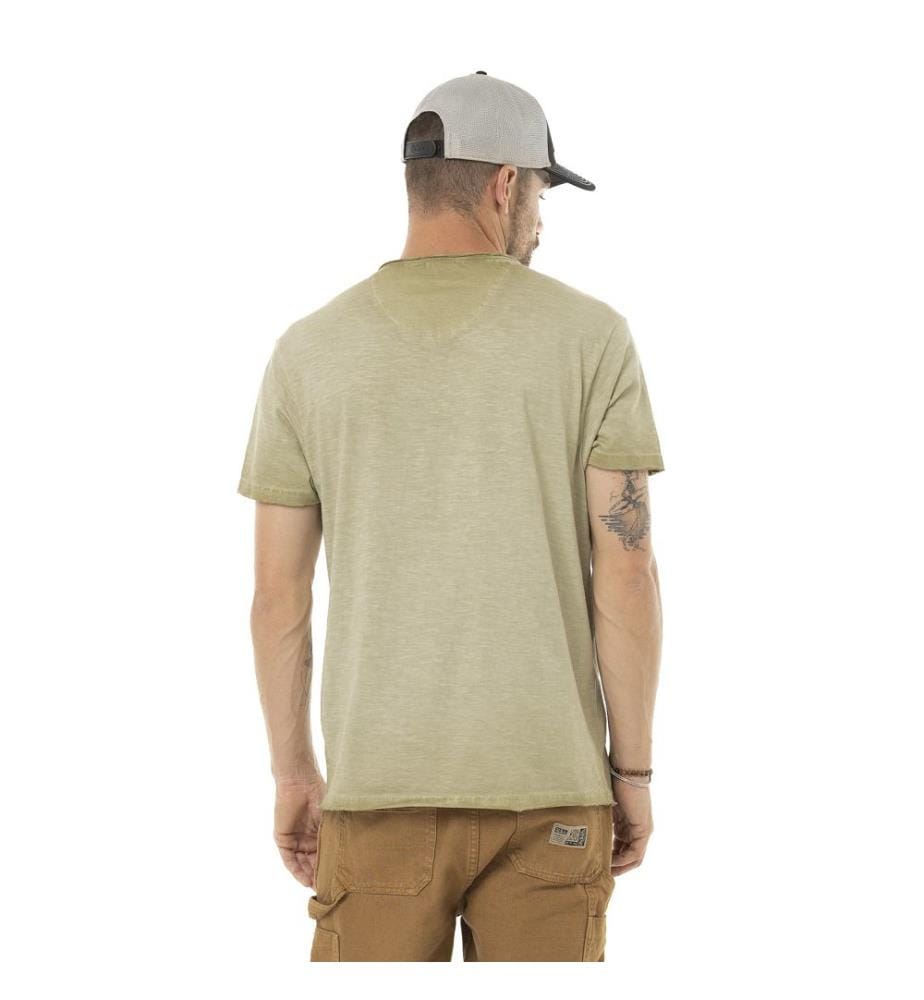 T-Shirt mit V-Ausschnitt – Khaki / Rot