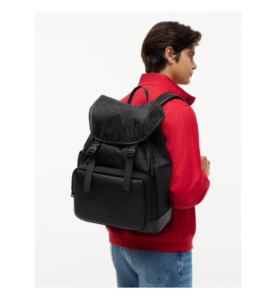 Sac à dos à rabat et motif drapeau tissé jacquard - Noir