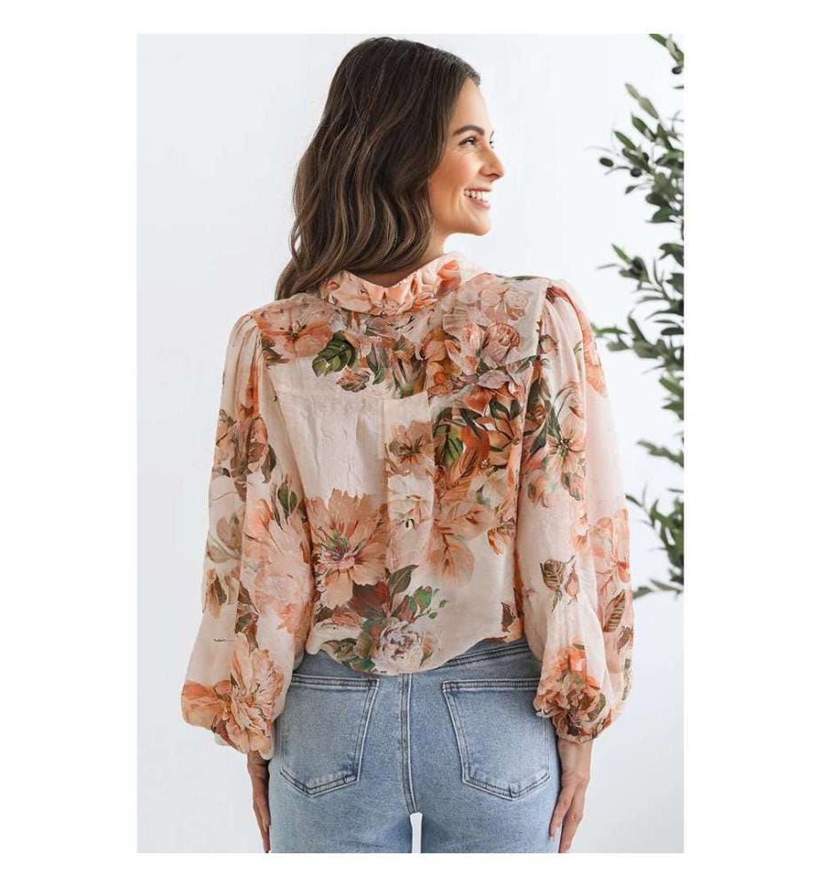Orange Floral Puff Sleeve Lightweight Shirt - Orange