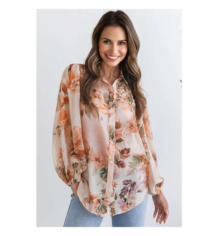 Orange Floral Puff Sleeve Lightweight Shirt - Orange