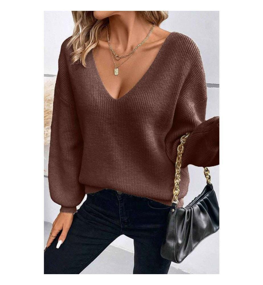 Pullover Mit Laternenärmeln Und V-Ausschnitt Mit Schleife Auf Dem Rücken - Coffee
