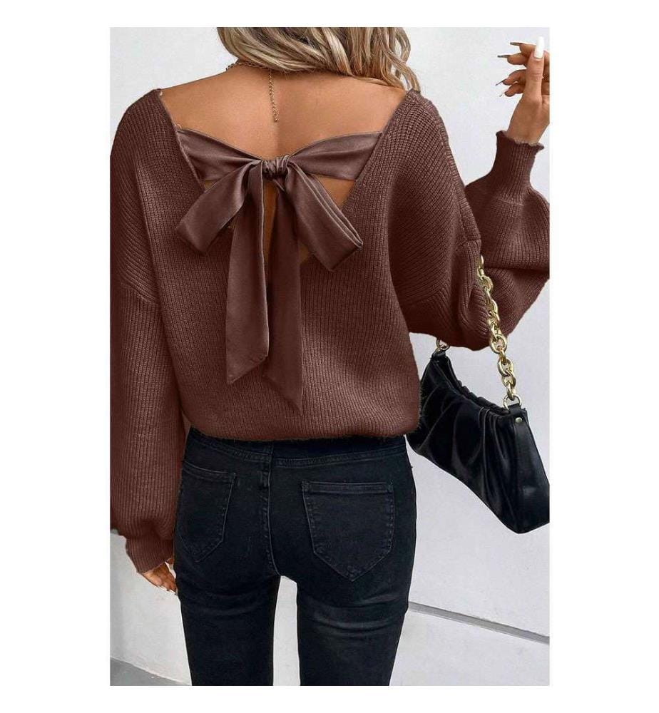 Pullover Mit Laternenärmeln Und V-Ausschnitt Mit Schleife Auf Dem Rücken - Coffee