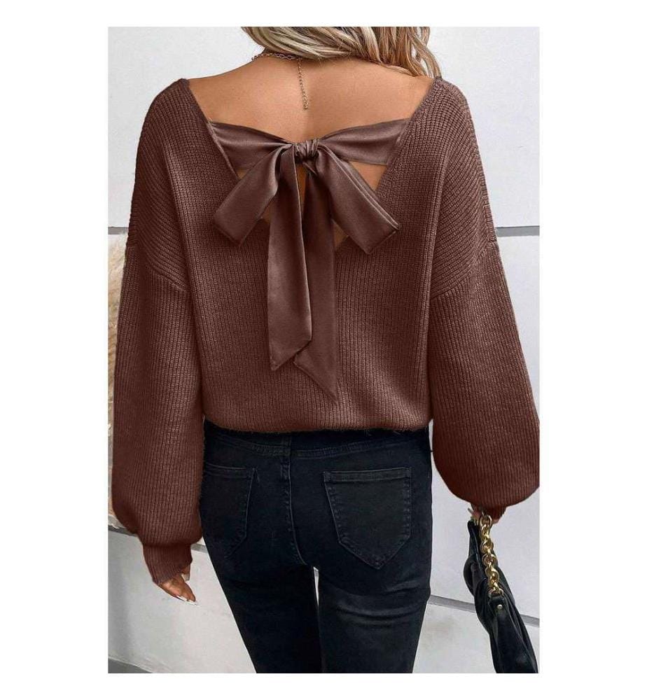 Pullover Mit Laternenärmeln Und V-Ausschnitt Mit Schleife Auf Dem Rücken - Coffee