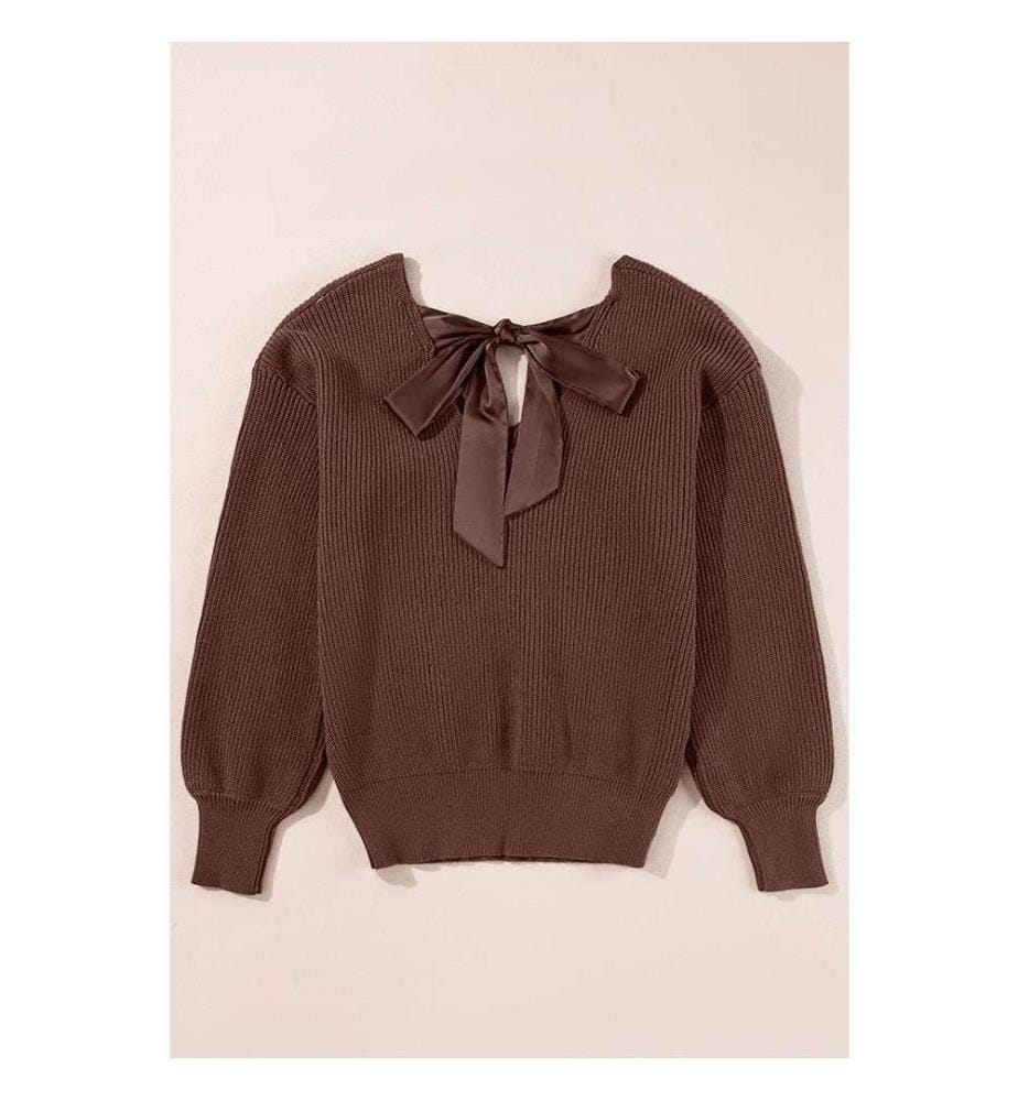 Pullover Mit Laternenärmeln Und V-Ausschnitt Mit Schleife Auf Dem Rücken - Coffee