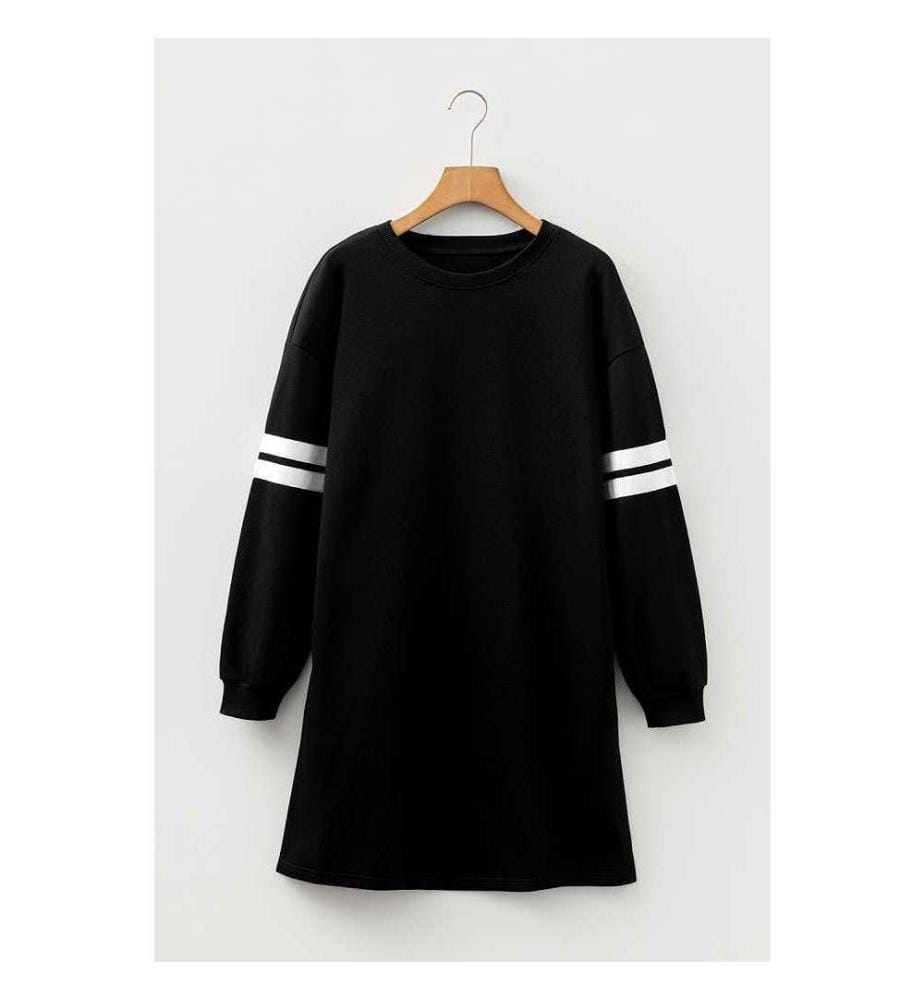 Schwarzes gerades Sweatshirtkleid mit kontrastierenden Ärmeln im Universitätsstil - Black
