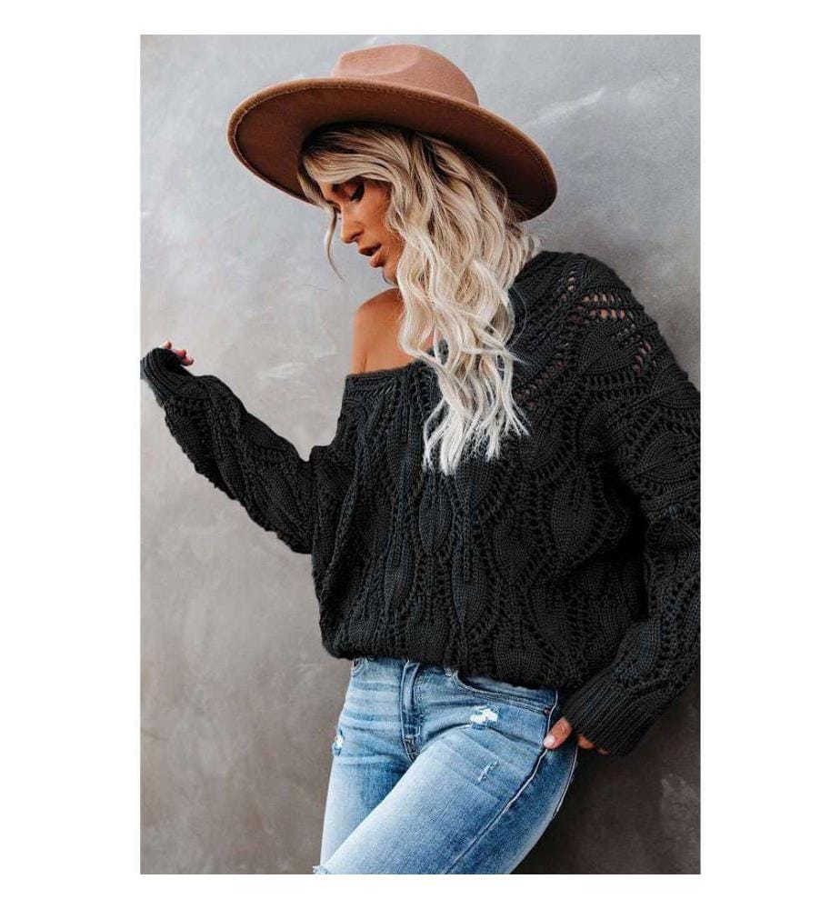 Schwarzer Pullover aus Häkelstrick mit geripptem und durchbrochenem Saum - Black