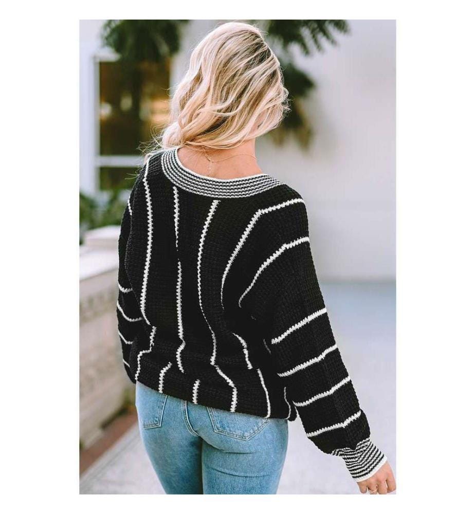 V-Ausschnitt Strickpullover mit Color Block Streifen Schwarz - Black