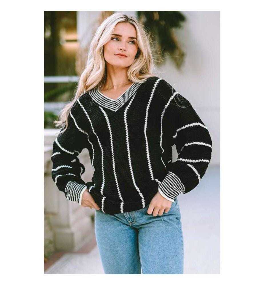 V-Ausschnitt Strickpullover mit Color Block Streifen Schwarz - Black