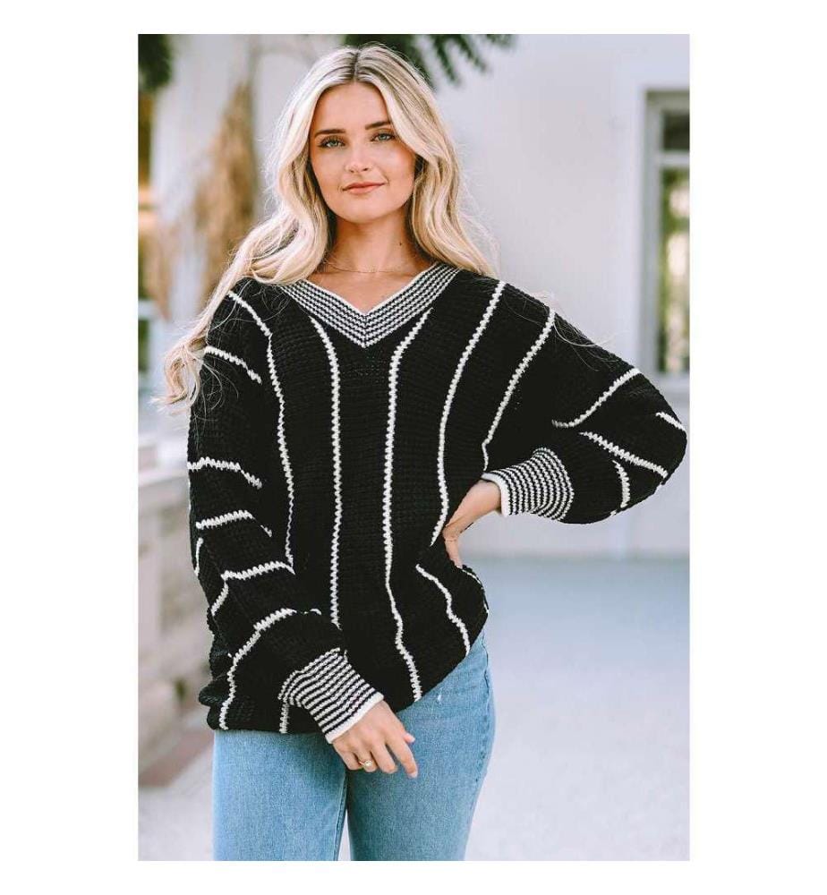V-Ausschnitt Strickpullover mit Color Block Streifen Schwarz - Black