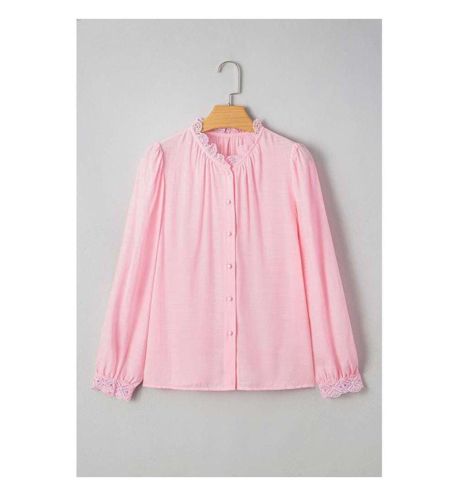 Knöpfbares Hemd ohne Kragen Mit Patchwork-Spitzenrand Rosa Gossamer - Gossamer-Pink