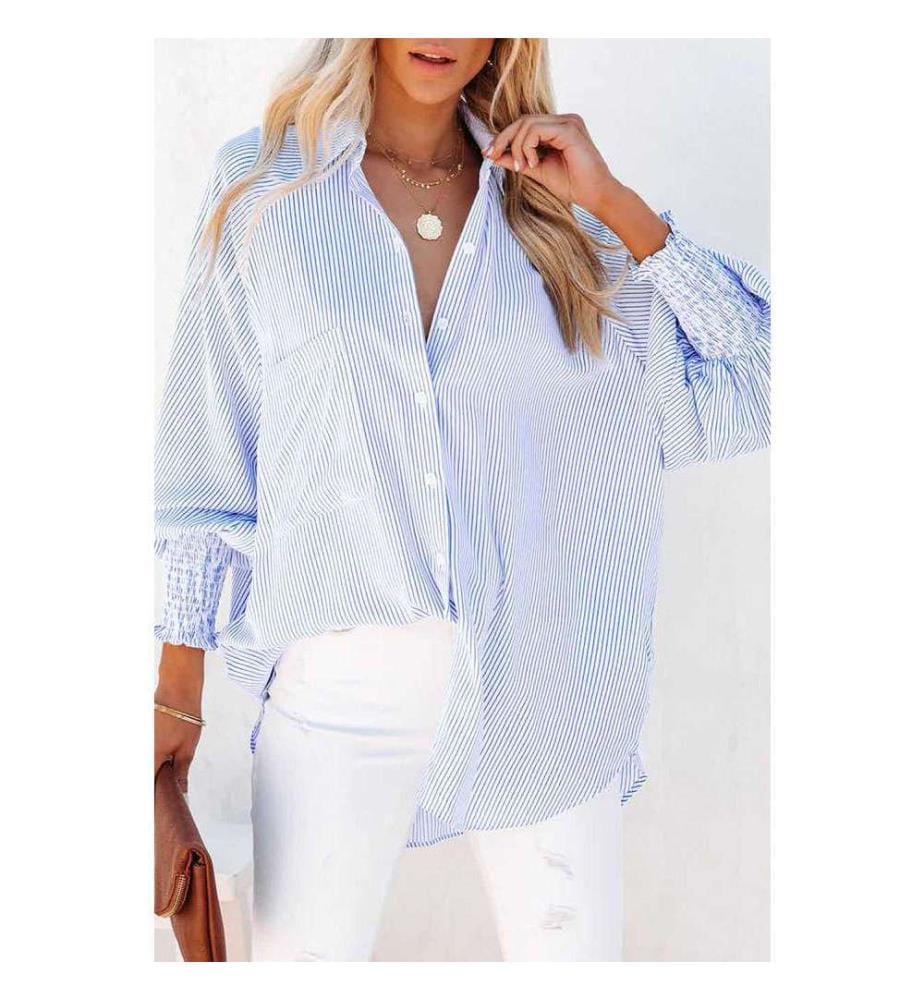Camicia boyfriend a righe blu cielo con risvolto smock e tasca - Blu cielo