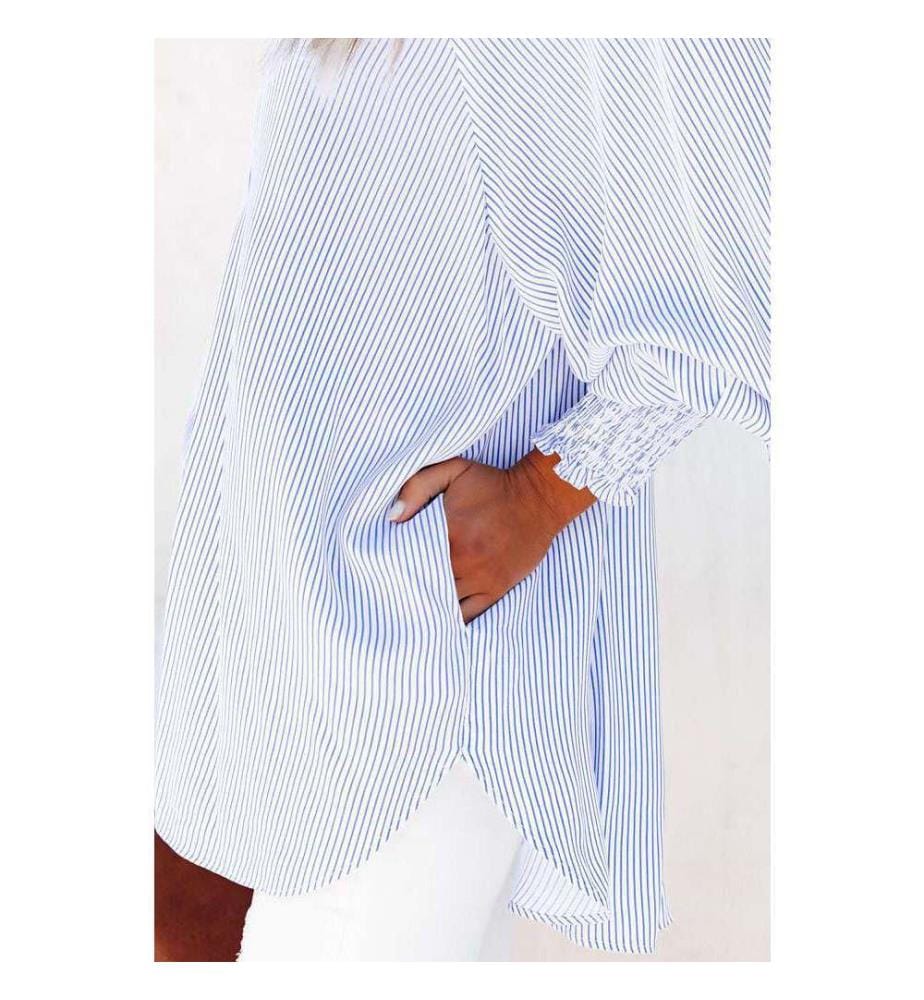 Camicia boyfriend a righe blu cielo con risvolto smock e tasca - Blu cielo
