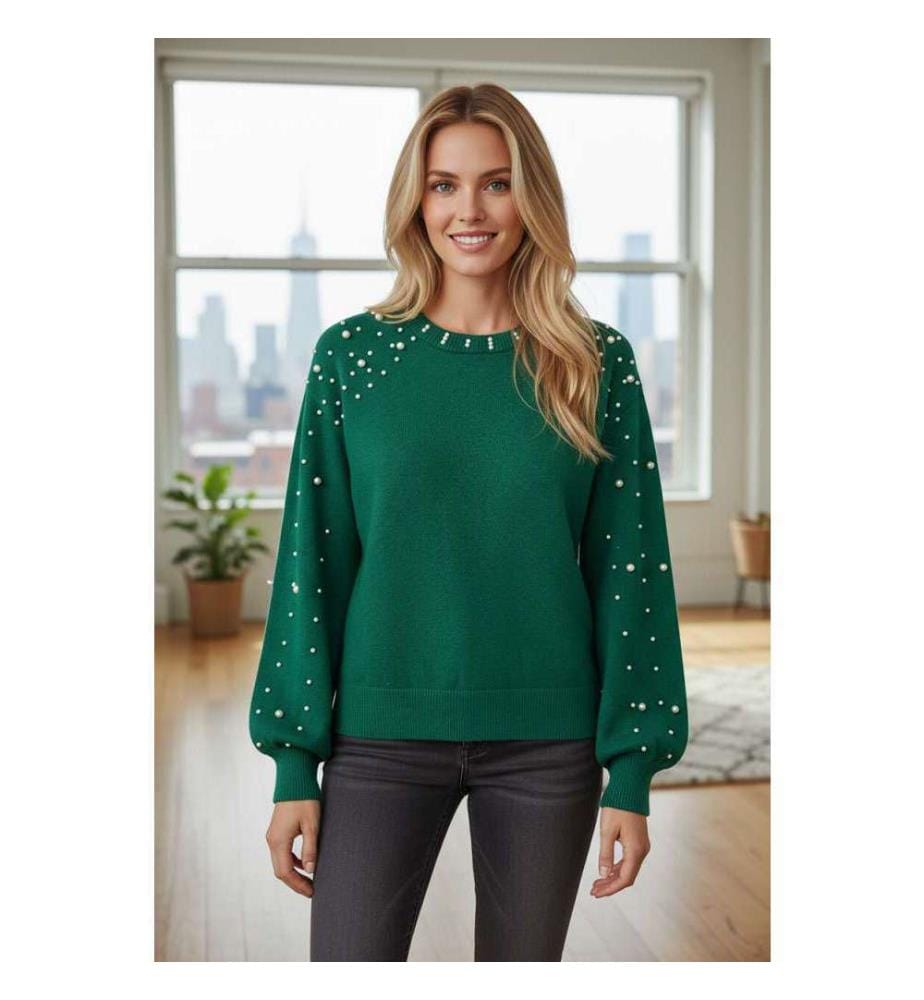 Evergreen Round Neck Sweater With Beaded Drop Shoulders - Evergreen