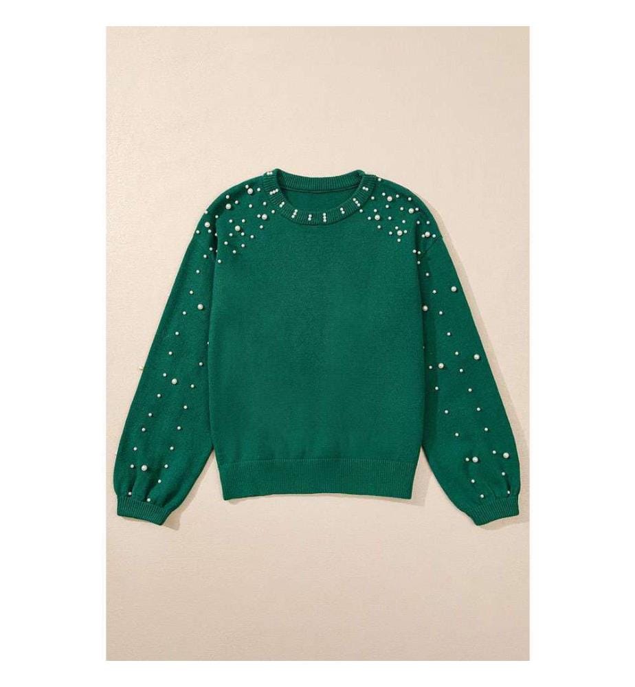 Evergreen Round Neck Sweater With Beaded Drop Shoulders - Evergreen