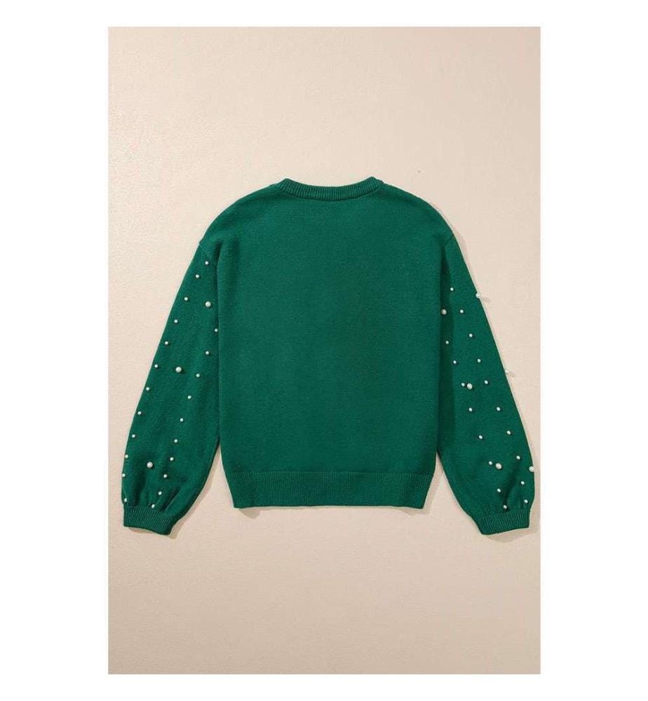 Evergreen Round Neck Sweater With Beaded Drop Shoulders - Evergreen