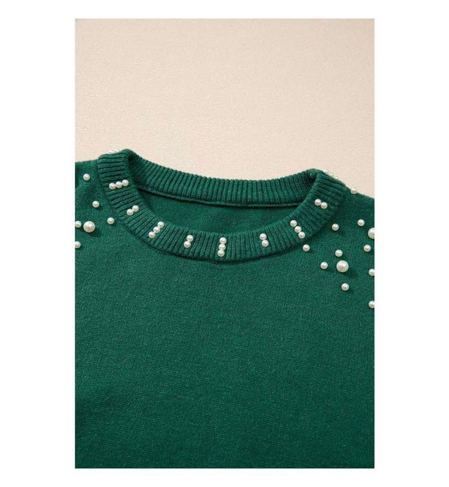 Evergreen Round Neck Sweater With Beaded Drop Shoulders - Evergreen