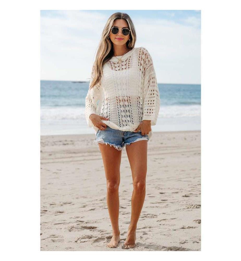 Weisser Pullover aus Ajourstrick mit Puffärmeln und hängenden Schultern - White