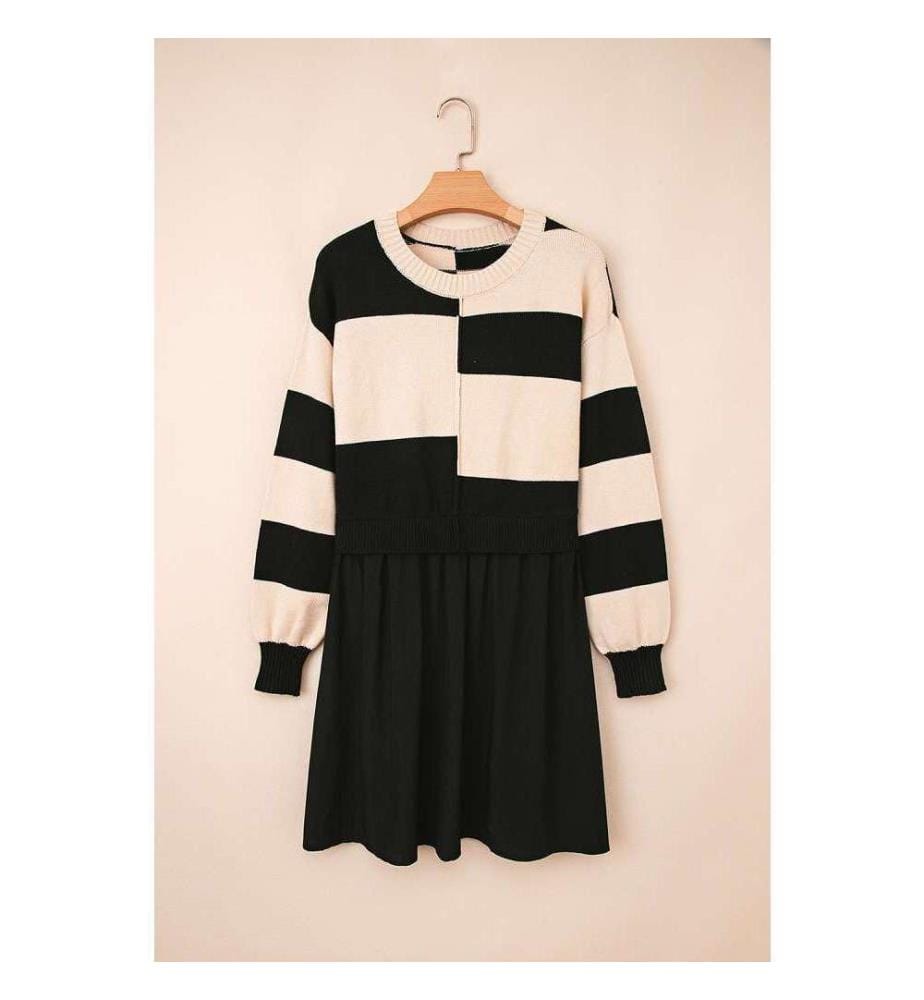 Schwarz gestreiftes Zwei-in-Eins-Strickpulloverkleid mit hoher Taille und gestuftem Saum - Black-Stripe