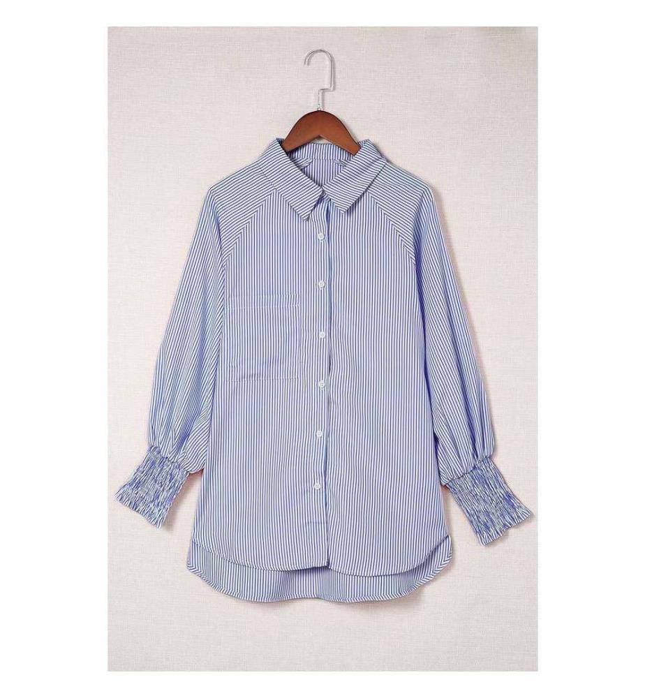 Blau gestreiftes Boyfriend-Hemd mit gerafftem Revers und Tasche - Blue-Stripe
