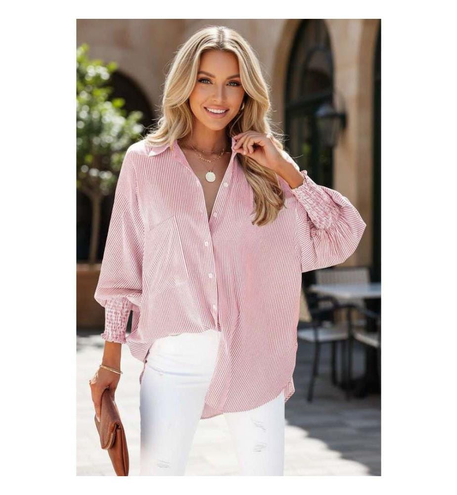 Camicia boyfriend con taschino con polsini arricciati a righe rosse - Red-Stripe
