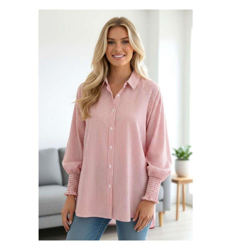 Camicia boyfriend con taschino con polsini arricciati a righe rosse - Red-Stripe