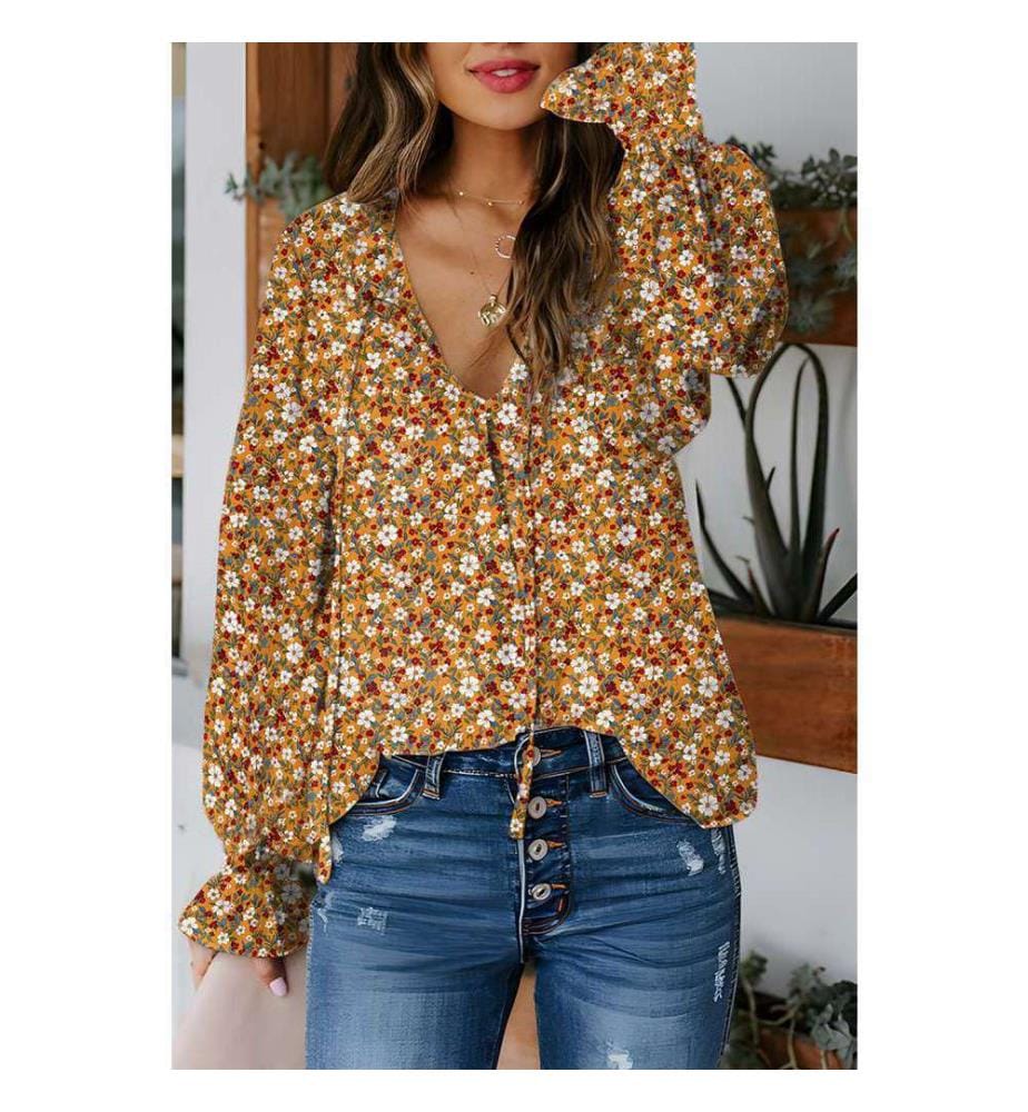 Orangefarbene Herbstbluse mit Rüschen und V-Ausschnitt, Bohemian Floral - Orange