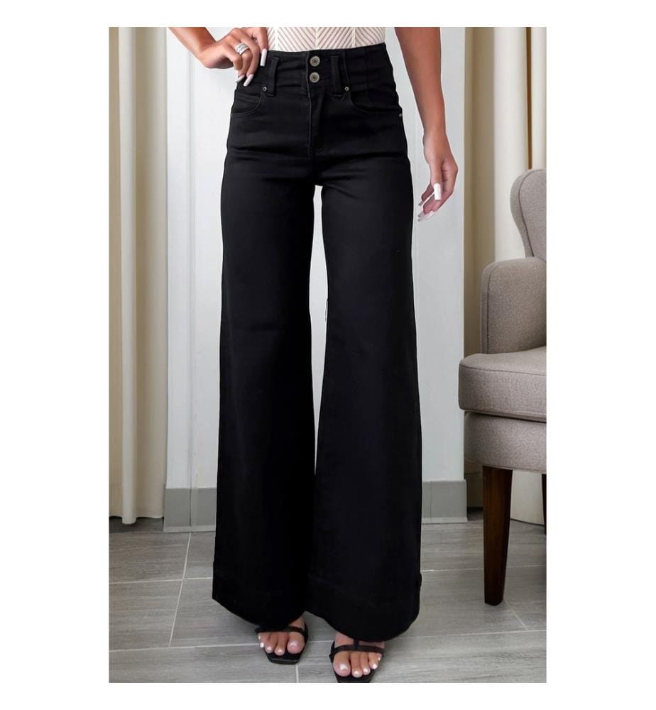Jeans svasati a vita alta con 2 bottoni - Nero