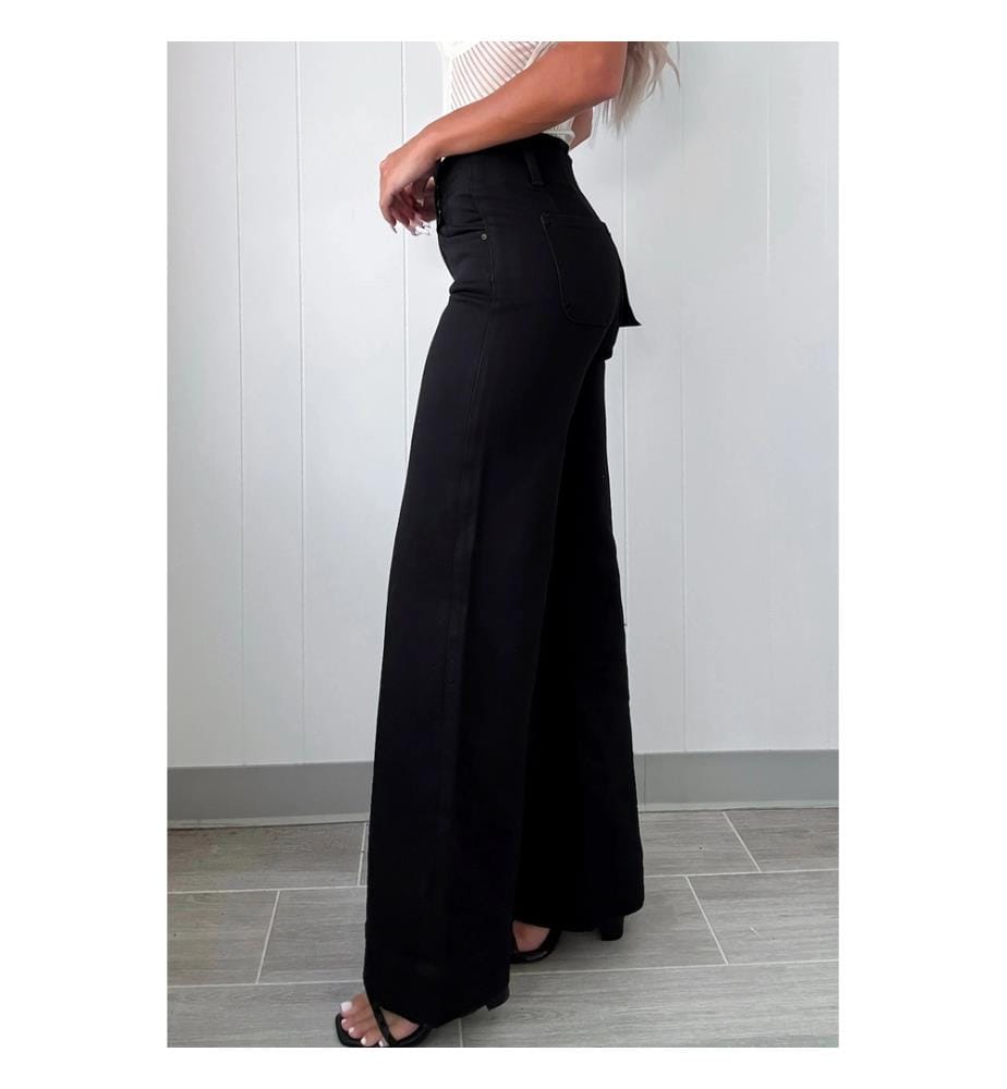 Jeans svasati a vita alta con 2 bottoni - Nero