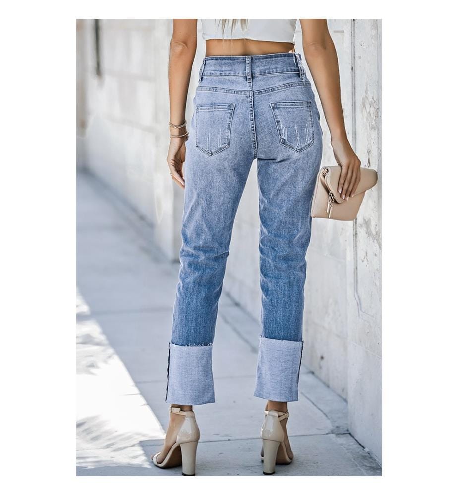 Jean droit taille haute effet usé - Bleu ciel