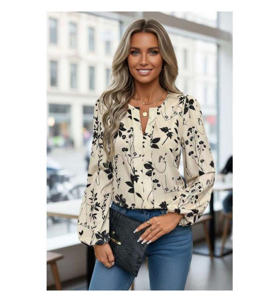 Khaki Langarm Bluse Mit Schlitzkragen, Botanischer Blumenprint - Khaki