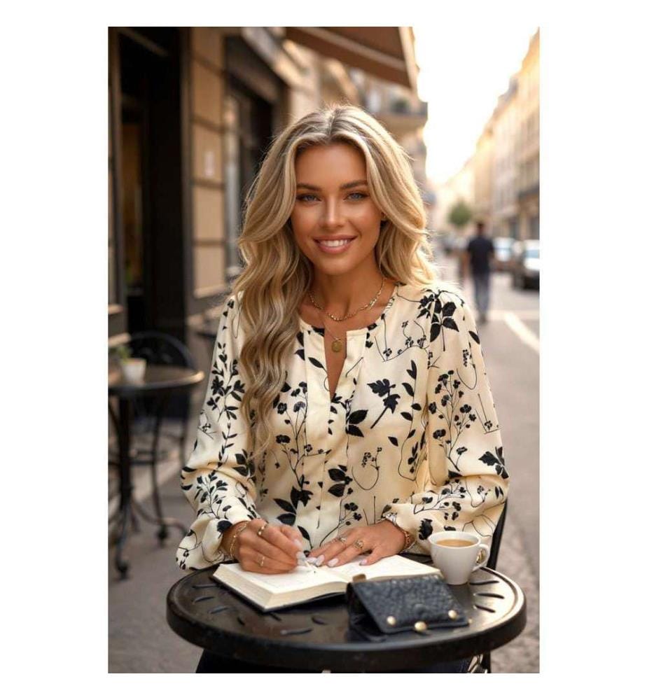 Khaki Langarm Bluse Mit Schlitzkragen, Botanischer Blumenprint - Khaki