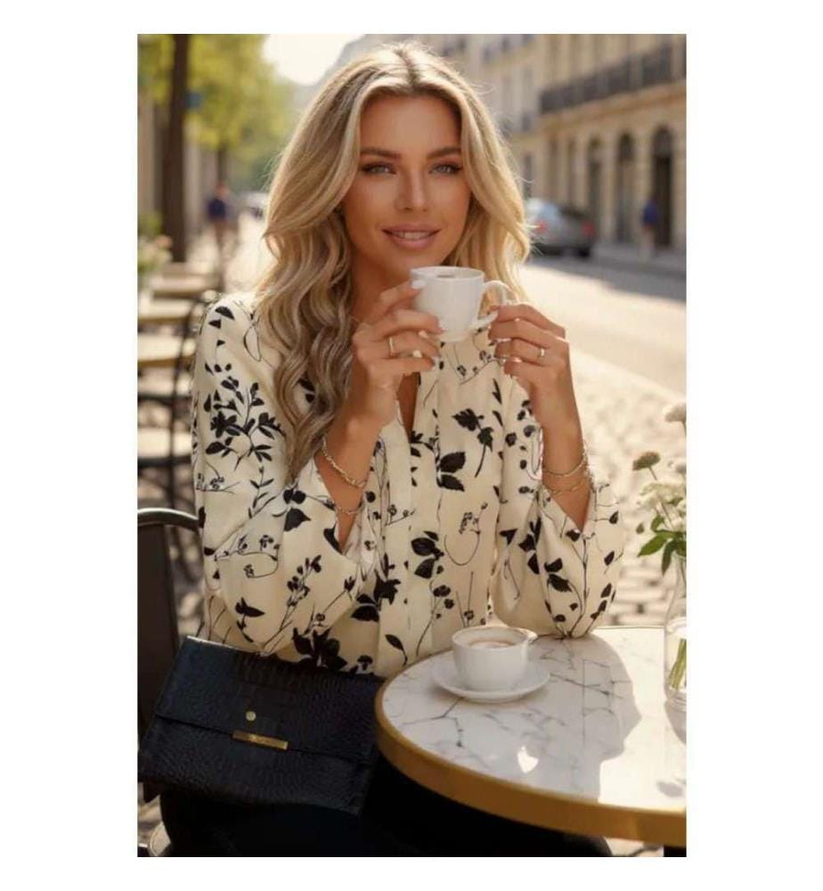 Khaki Langarm Bluse Mit Schlitzkragen, Botanischer Blumenprint - Khaki