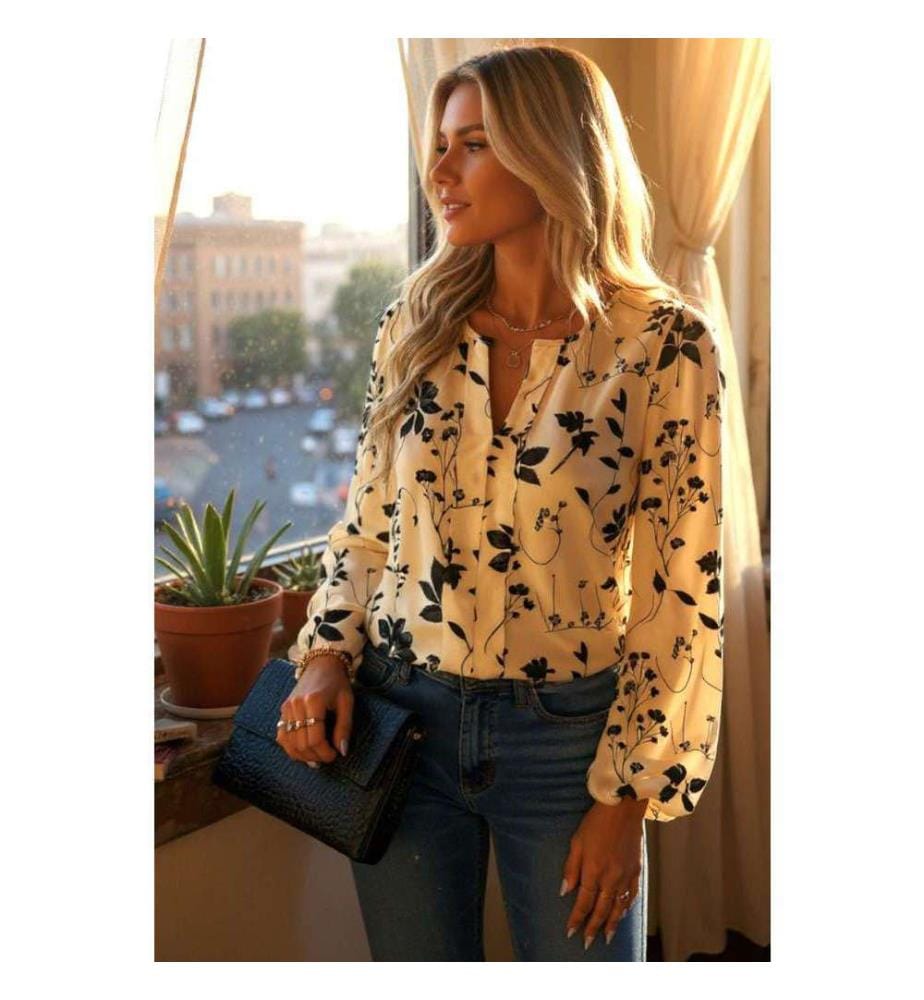 Khaki Langarm Bluse Mit Schlitzkragen, Botanischer Blumenprint - Khaki