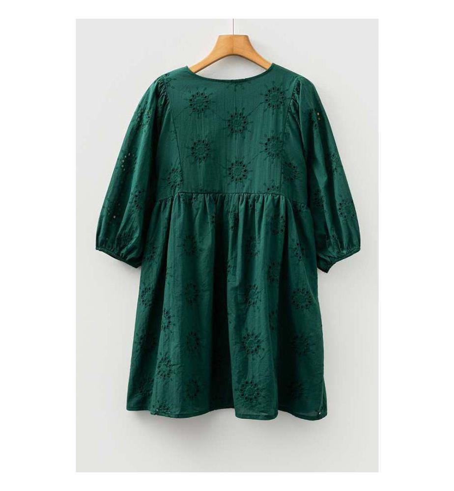 Kurzes Trapezkleid Mit 3/4 Puffärmeln Und Besticktem Ösenmuster Schwarzgrün - Blackish-Green