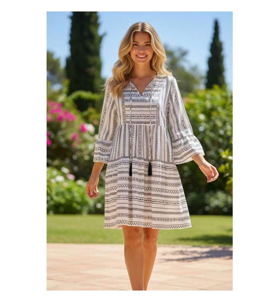 Schwarzes Minikleid mit Streifen, V-Ausschnitt, Glockenärmeln, Hoher Bund - Black-Stripe